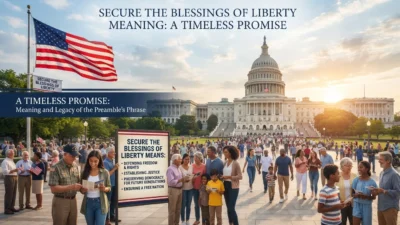 Secure the blessings of liberty meaning with American Constitution, flag, and symbol of freedom and justice
