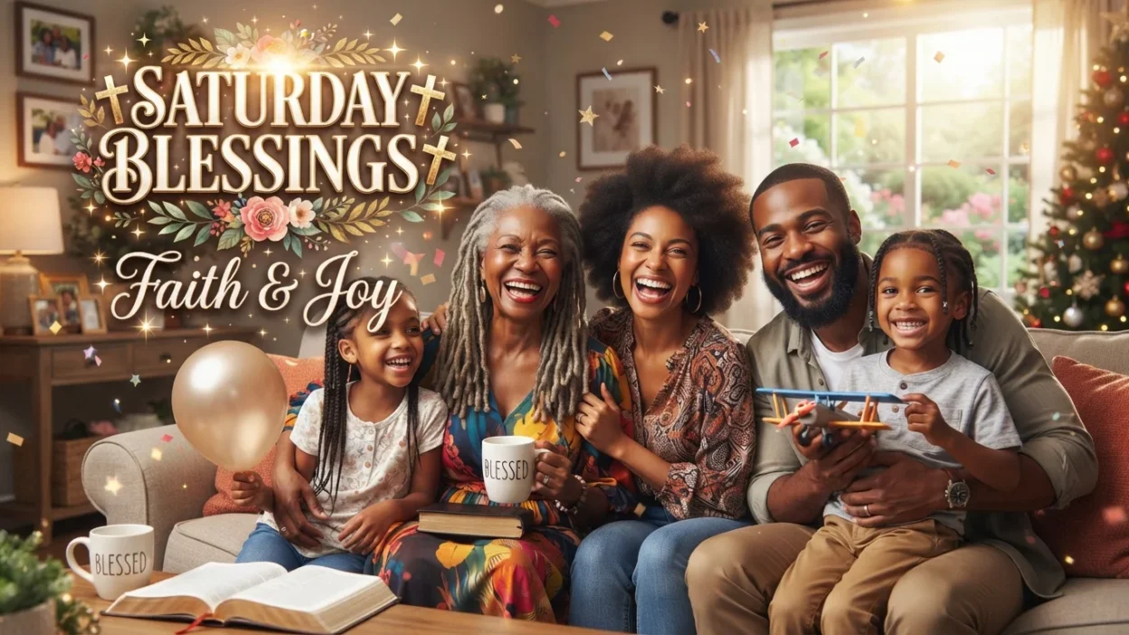 African American Saturday blessings GIF with inspiring faith, joy, prayer, and peaceful weekend blessings