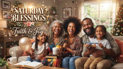 African American Saturday blessings GIF with inspiring faith, joy, prayer, and peaceful weekend blessings