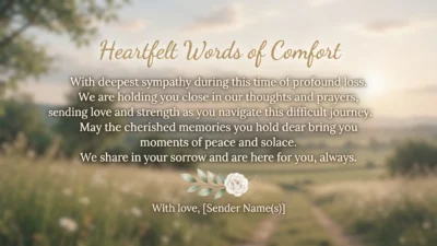 Heartfelt condolence message with comforting words offering sympathy, peace, strength, and hope during grief