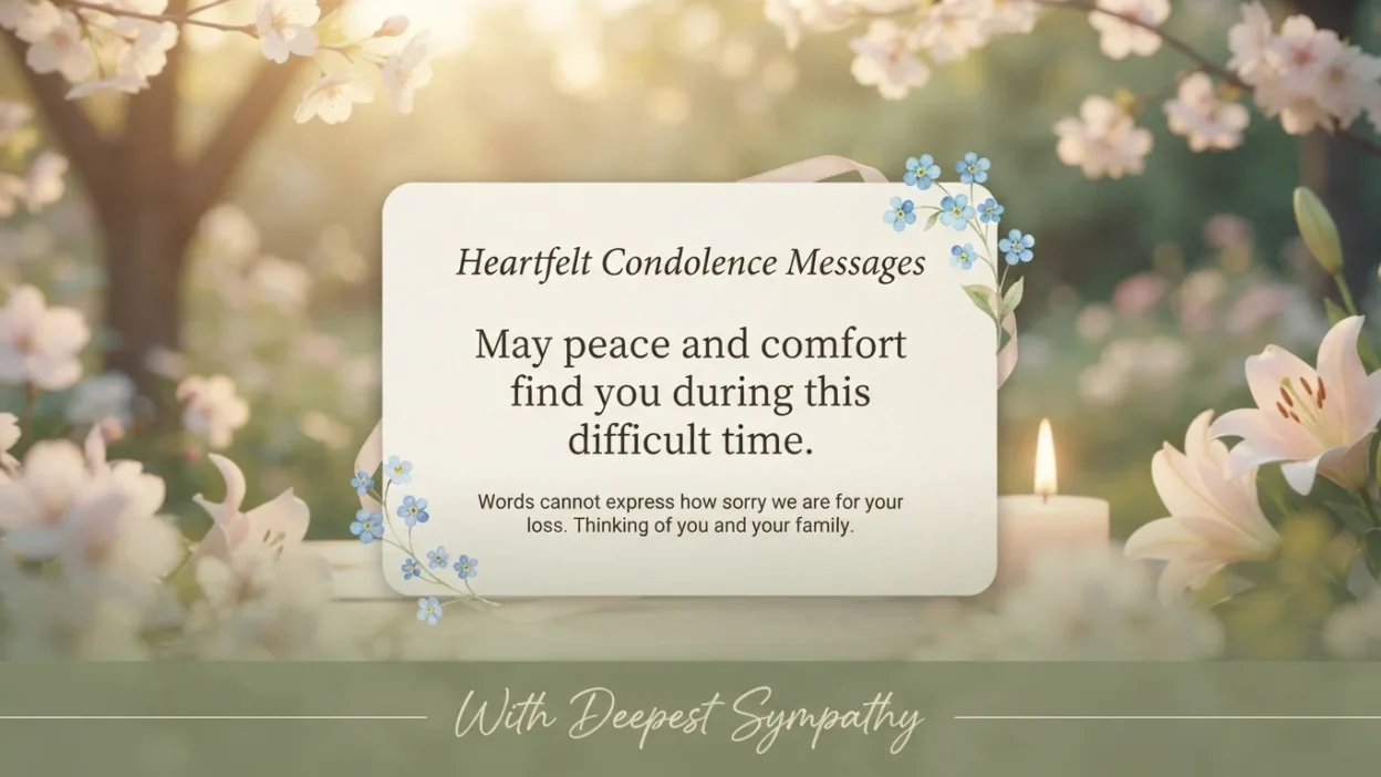 Short condolence message with peaceful flowers offering comfort, sympathy, and hope during a time of loss