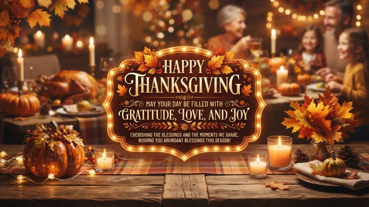 Happy Thanksgiving message celebrating gratitude, love, family, and joy with warm holiday blessings
