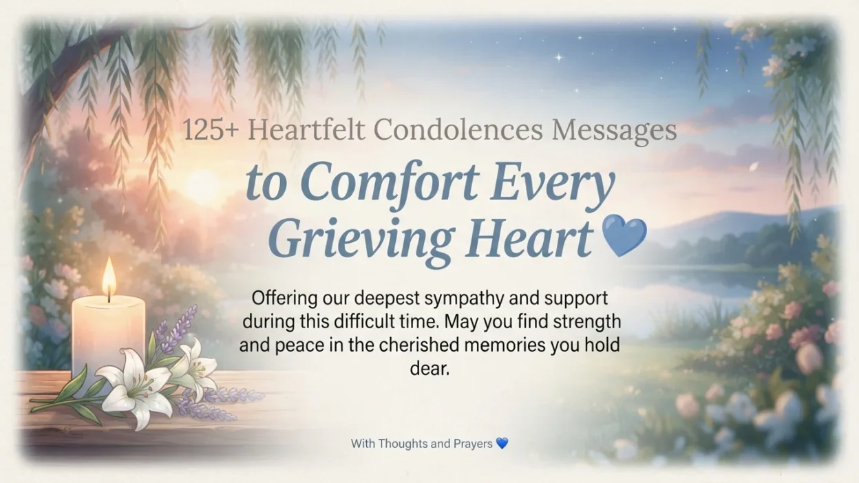 Heartfelt condolences message with peaceful flowers offering comfort, sympathy, and hope during a time of loss