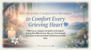 Heartfelt condolences message with peaceful flowers offering comfort, sympathy, and hope during a time of loss