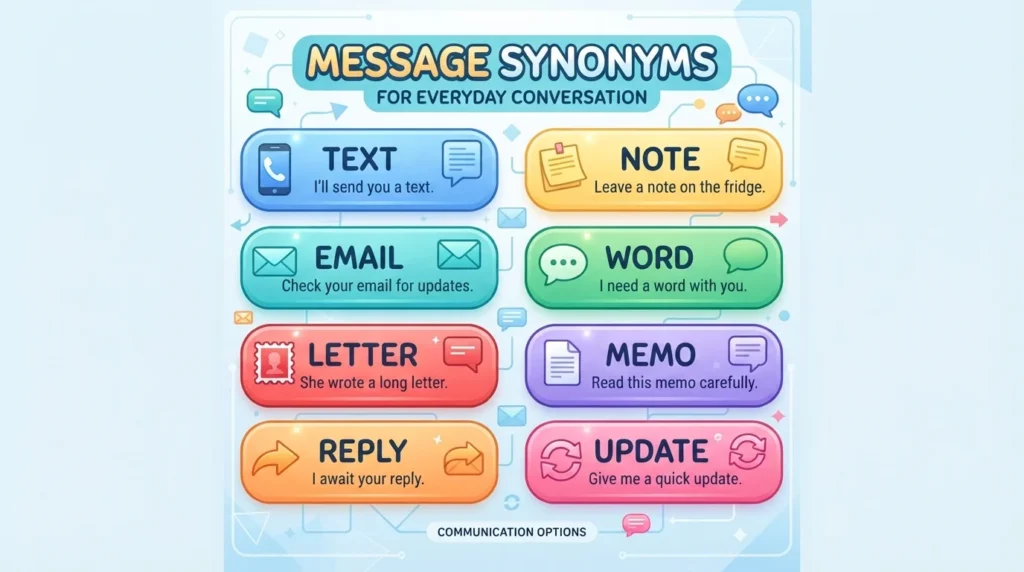 Message synonyms for everyday conversation including casual words for text, note, chat, reply, and communication