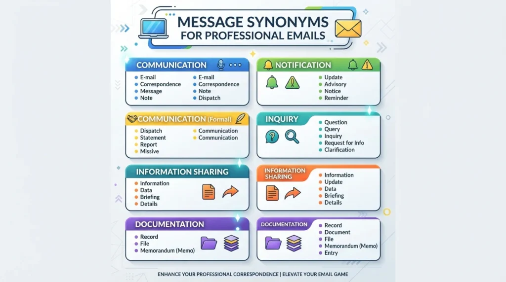 Message synonyms for professional emails including formal words for communication, updates, notices, and correspondence