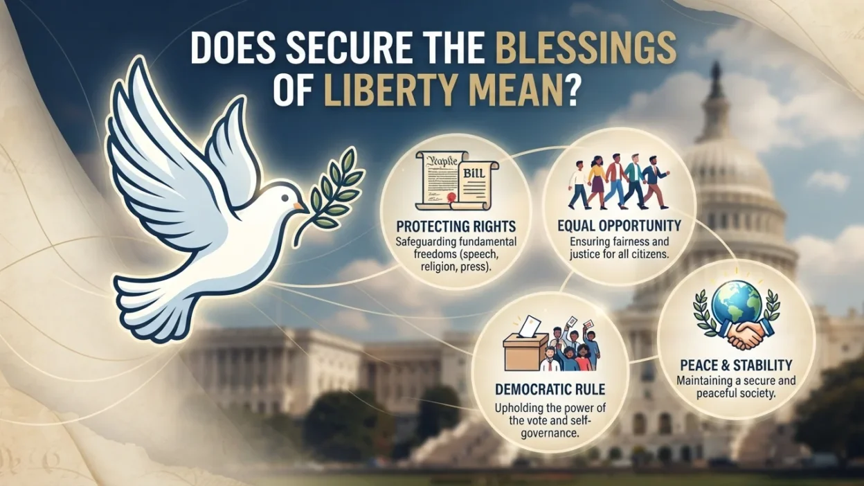 What does secure the blessings of liberty mean with American flag and Constitution symbolizing freedom and justice